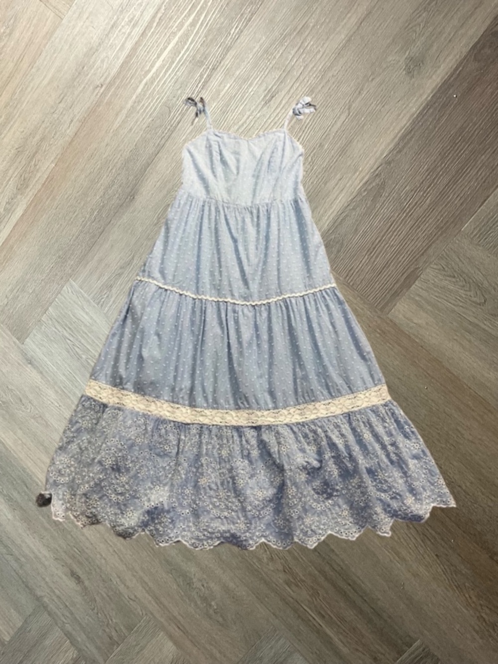 Shabby Chic Marlow Gardenia Seersucker Eyelet Lace Maxi Dress 10 Blue White Boho